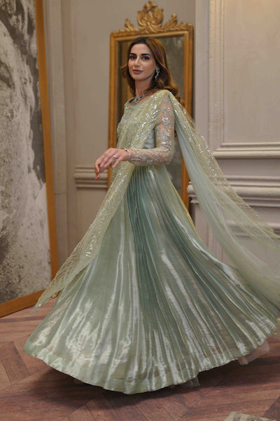 slim fit dress slacks Elegant Pakistani Bridal Dress in Net Gown with Jamawar Lehenga – Nameera  by Farooq main image 1
